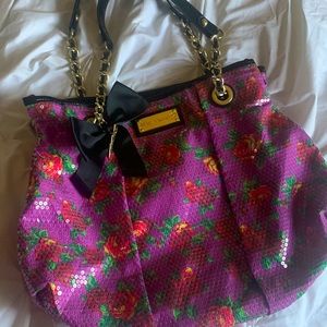 Betsey Johnson Purple with Roses Sequin Tote Bag